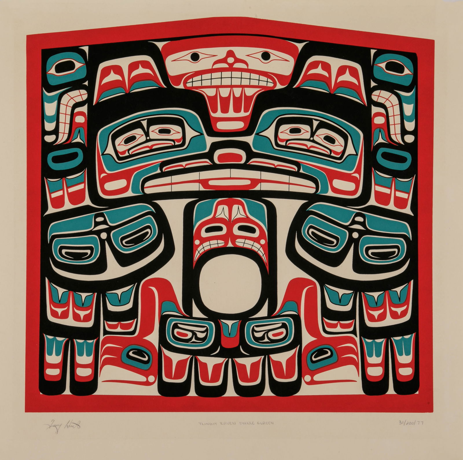 TONY HUNT, O.B.C. (1942-2017) KWAKWA̱KA̱ʼWAKW, Tlingit Raven Dance Screen, 1977: TONY HUNT, O.B.C. (1942-2017) KWAKWA̱KA̱'WAKW Tlingit Raven Dance Screen, 1977 silkscreen, 19 x 19 in (48.3 x 48.3 cm) 21/300 Provenance Private Collection, Hamilton. The dance screen i