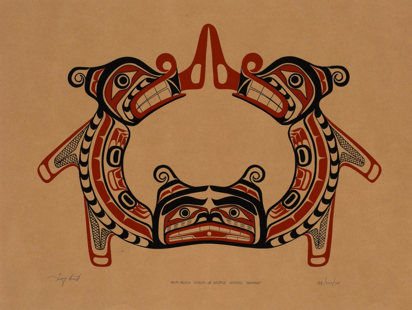 TONY HUNT, O.B.C. (1942-2017) KWAKWA̱KA̱ʼWAKW, Kwa-gilth Sisiutl (Double Headed: TONY HUNT, O.B.C. (1942-2017) KWAKWA̱KA̱'WAKW Kwa-gilth Sisuitl (Double Headed Serpent), 1975 silkscreen, 17.5 x 23 in (44.5 x 58.4 cm) 198/200 Provenance Private Collection, Hamilton.