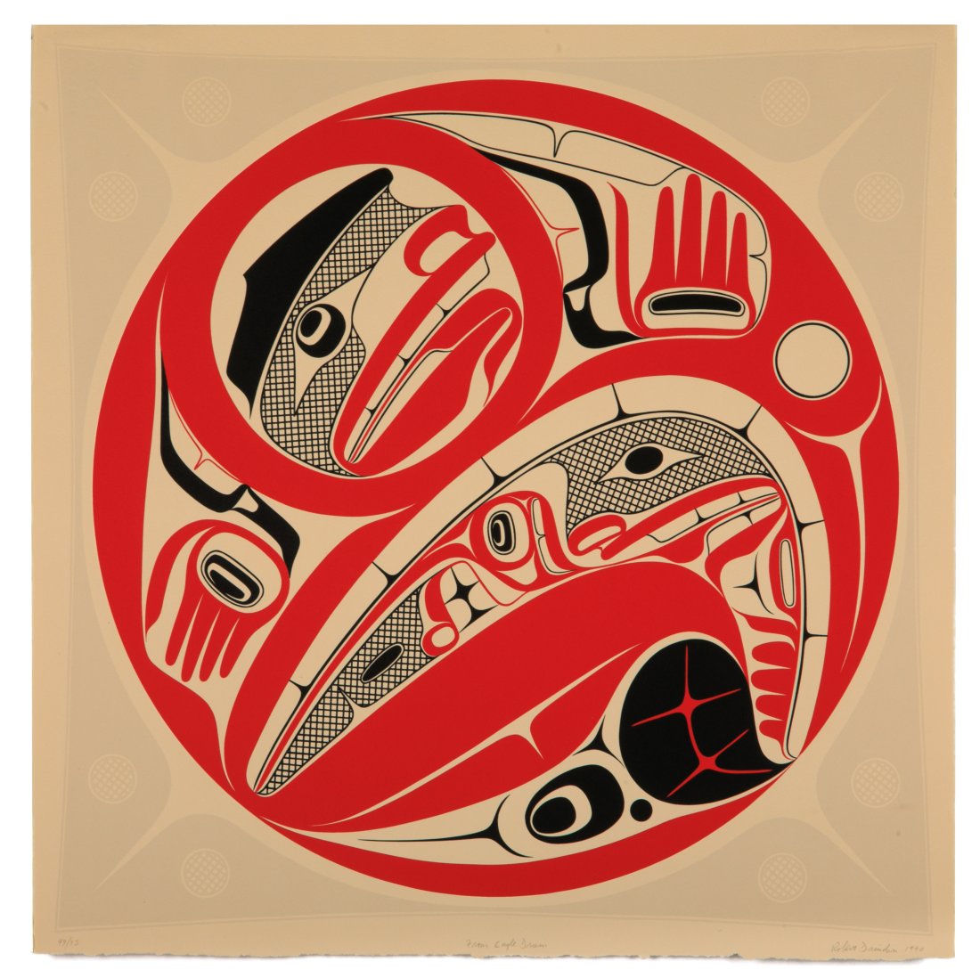 ROBERT DAVIDSON (GUUD SANS GLANS), O.C., O.B.C., (1946-) HAIDA, MASSET / WHITE ROCK, From Eagle: ROBERT DAVIDSON (GUUD SANS GLANS), O.C., O.B.C., (1946-) HAIDA, MASSET / WHITE ROCK From Eagle Drum, 1990 silkscreen, 22 x 22 in (55.9 x 55.9 cm) 49/75 Provenance Private Collection, Milton, Delaware,