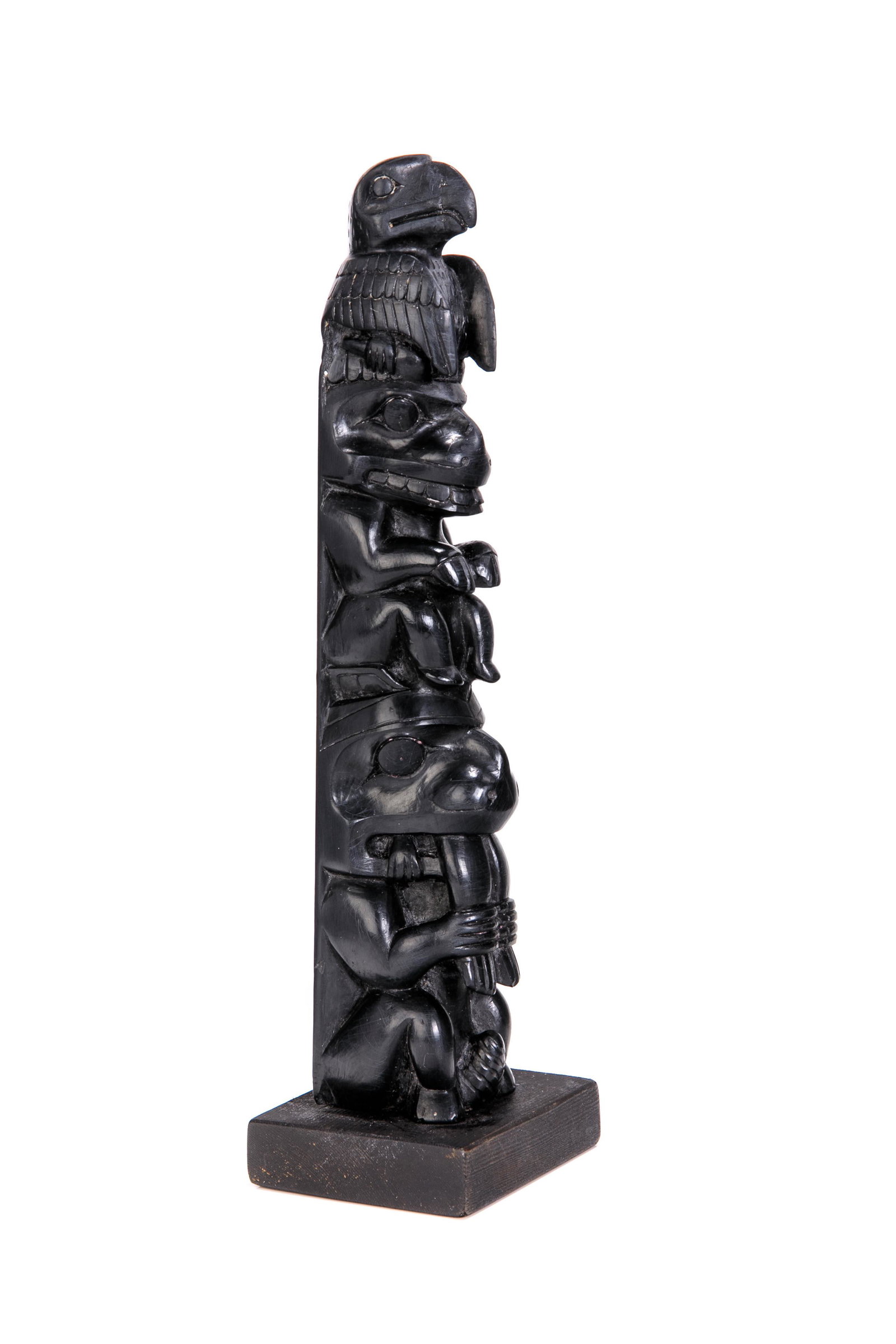 Possibly JOHN CROSS (1867-1939) SKIDEGATE, HAIDA GWAII, Model Totem Pole , c. 1910-1920: Possibly JOHN CROSS (1867-1939) SKIDEGATE, HAIDA GWAII Model Totem Pole, c. 1910-1920 argillite, 10.5 x 3 x 2.75 in (26.7 x 7.6 x 7 cm), measurements include later added wood base unsigned. Provenance