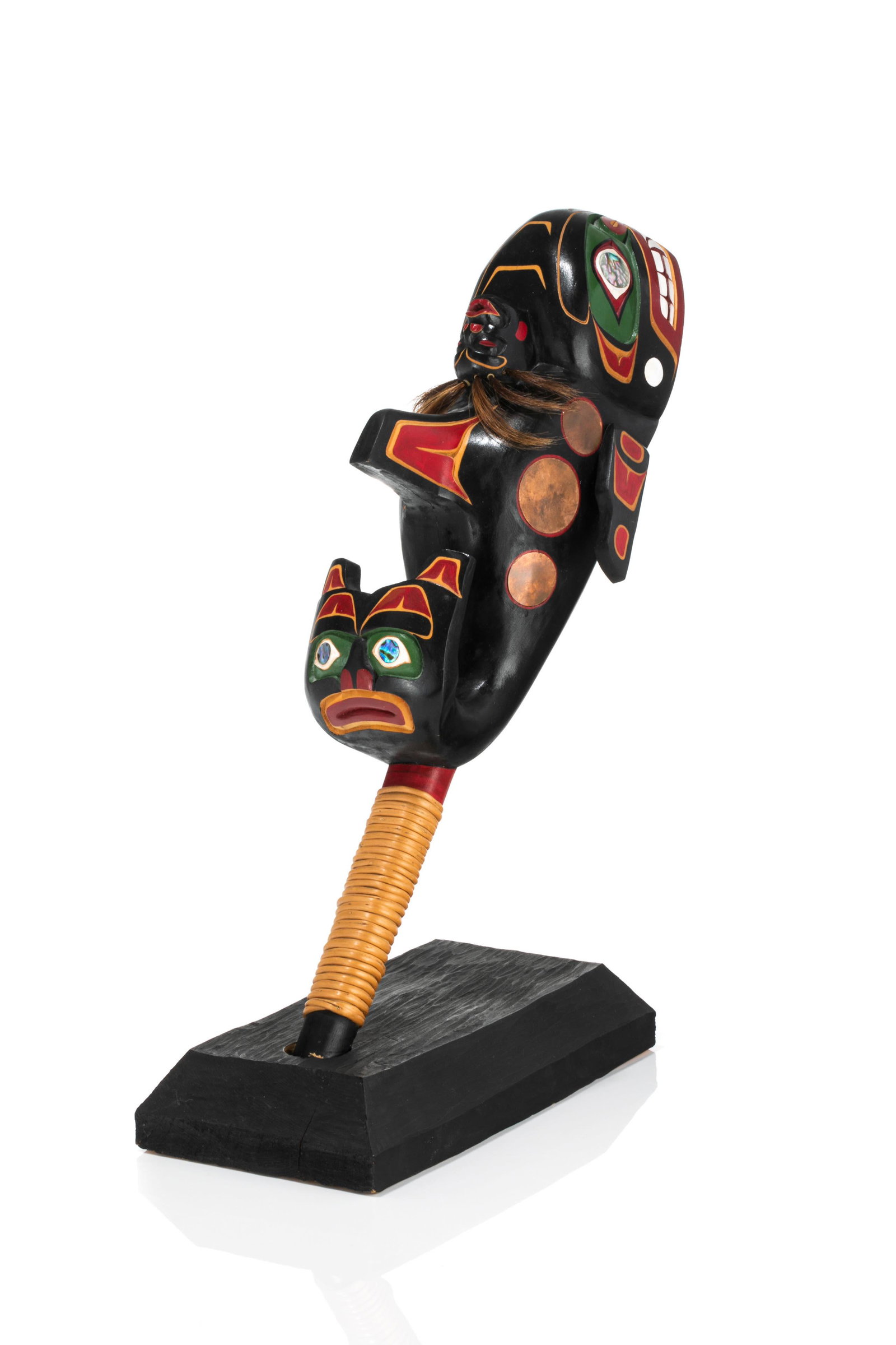 STAN HUNT (1954-), KWAKWA̱KA̱'WAKW, FORT RUPERT, B.C., Killer Whale Rattle, August: STAN HUNT (1954-), KWAKWA̱KA̱'WAKW, FORT RUPERT, B.C. Killer Whale Rattle, August 1986 red cedar, acrylic paint, cedar bark, copper, and abalone, 14.25 x 10.75 x 5 in (36.2 x 27.3 x 12.7 cm)