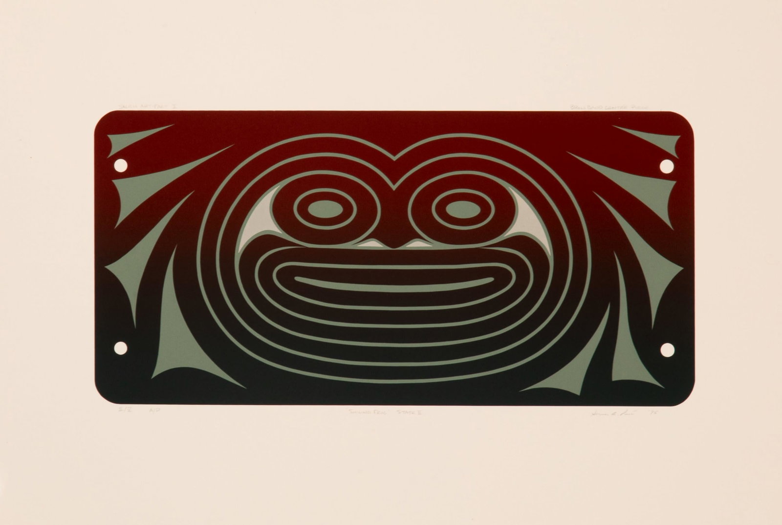 SUSAN POINT, C.C., R.C.A., O.B.C (1952-) MUSQUEAM, COAST SALISH, Smiling Frog (State II), 1995: SUSAN POINT, C.C., R.C.A., O.B.C (1952-) MUSQUEAM, COAST SALISH Smiling Frog (State II), 1995 serigraph (silkscreen), 14 x 22.25 in (35.6 x 56.5 cm) II/V A.P. Provenance Private Collection, Toronto. I