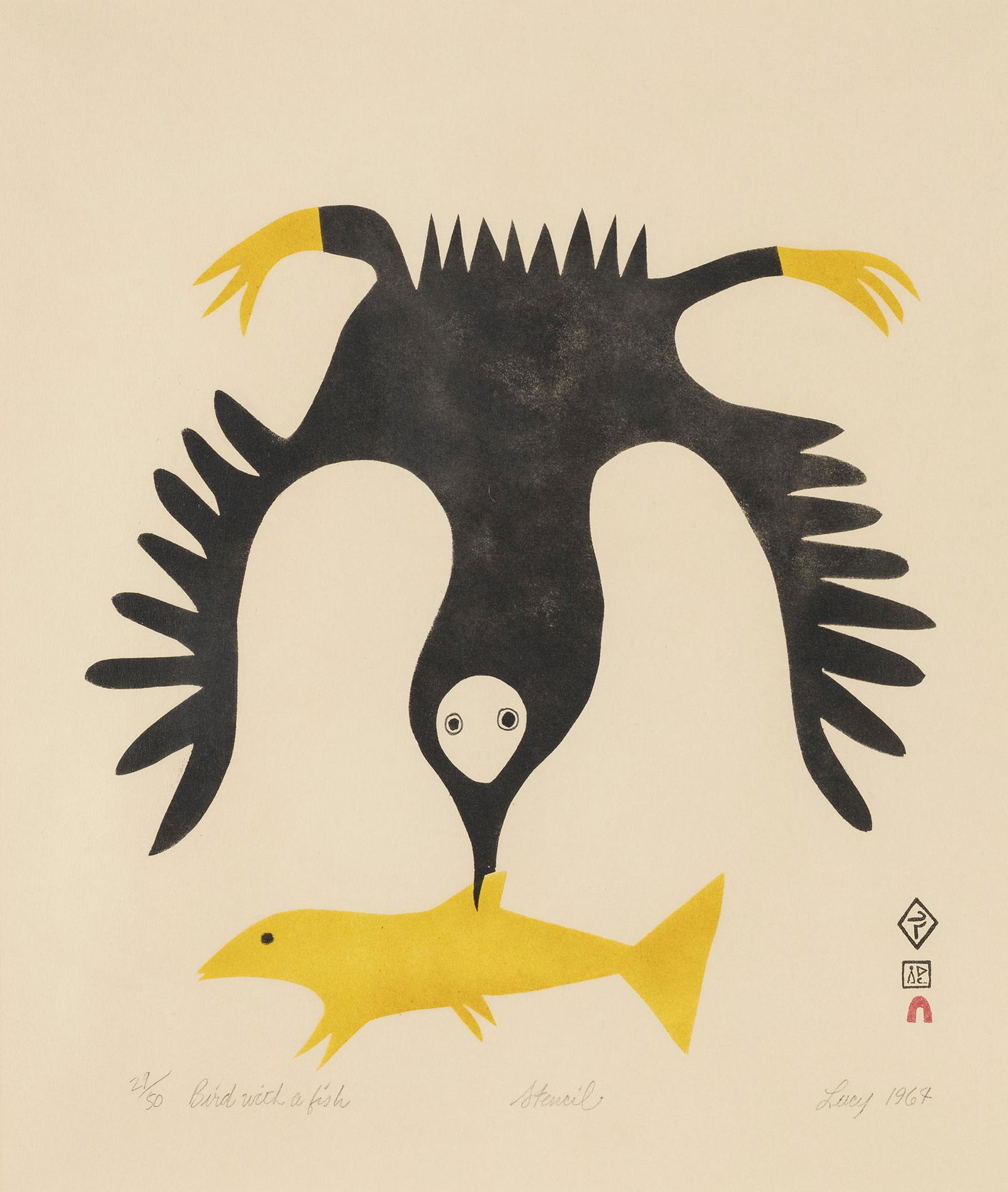 LUCY QINNUAYUAK, INUIT, Bird with a Fish, 1964 (1964/65 #7) (1 of 2)
