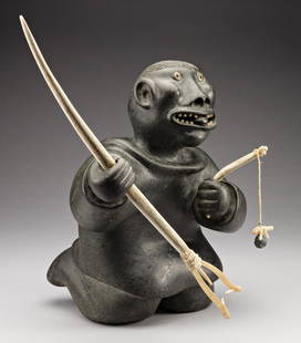 JUDAS ULLULAQ, INUIT, Excited Fisherman, c. 1984: Lot 32 JUDAS ULLULAQ (1937-1999) Uqsuqtuuq (Gjoa Haven) Excited Fisherman, c. 1984 stone, antler, string, and muskox horn, 13.5 x 16 x 11 in (34.3 x 40.6 x 27.9 cm) signed, "á…á“—á“š". P