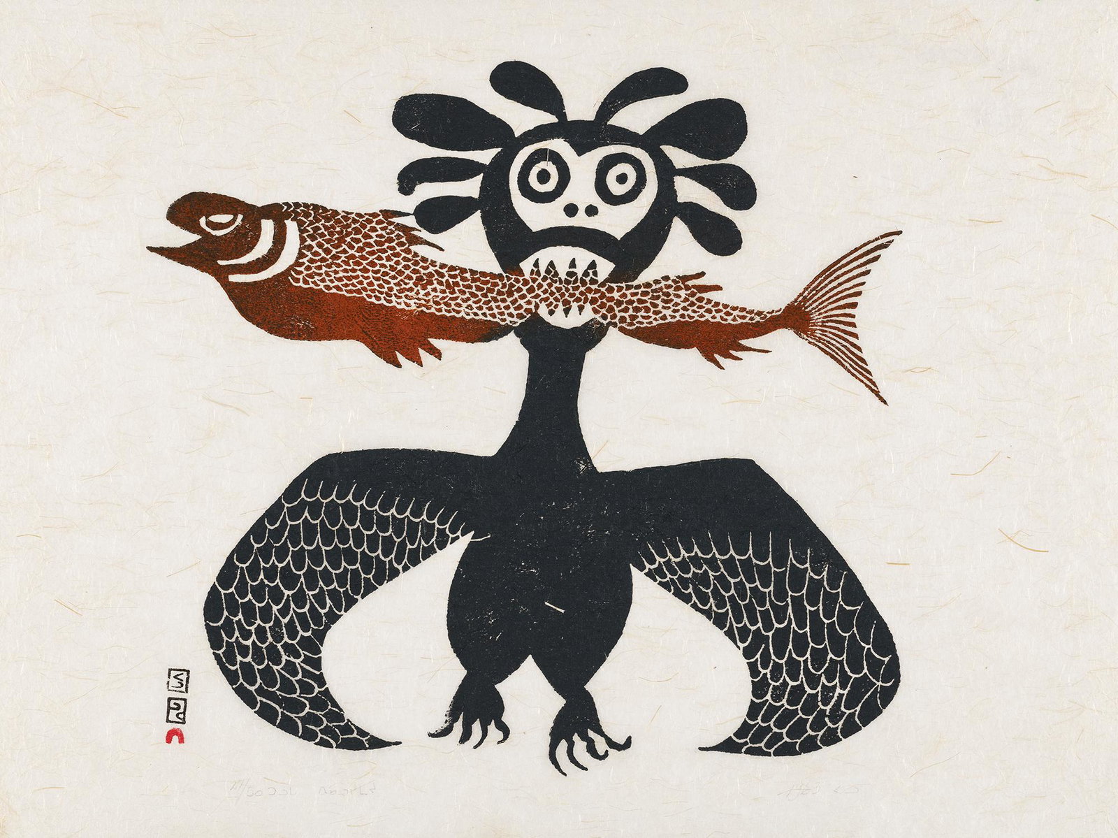 PUDLO PUDLAT, INUIT, Raven With Fish, 1963 #37: Lot 68 PUDLO PUDLAT (1916-1992) KINNGAIT (CAPE DORSET) Raven With Fish, 1963 #37 Printmaker: LUKTA QIATSUK (1928 - 2004) KINNGAIT (CAPE DORSET) stonecut, 18 x 24 in (45.7 x 61 cm) 27/50 Provenance Pri