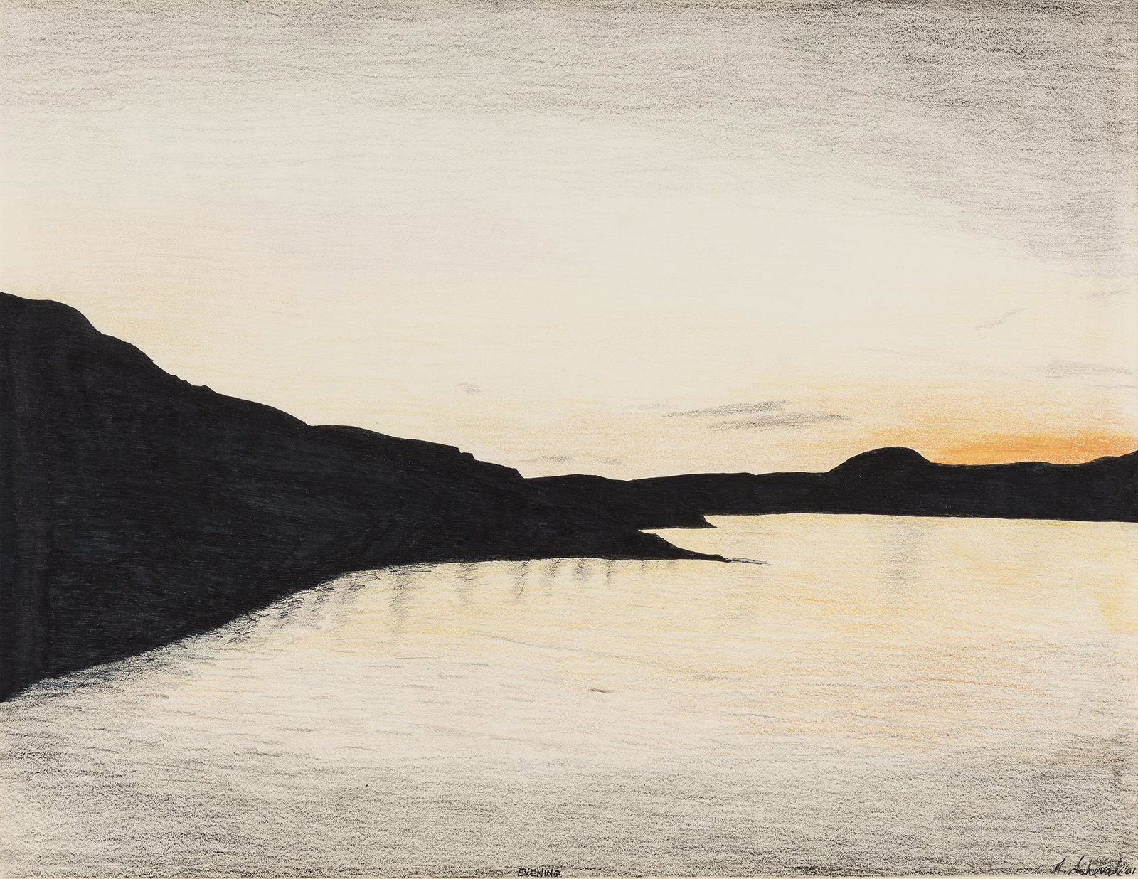 ARNAQU ASHEVAK, INUIT, Evening, 2001: Lot 92 ARNAQU ASHEVAK (1956-2009) KINNGAIT (CAPE DORSET) Evening, 2001 black ink and coloured pencil on paper, 20 x 26 in (50.8 x 66 cm), framed. titled, signed, and dated, '"EVENING / A. Ashevak '01.