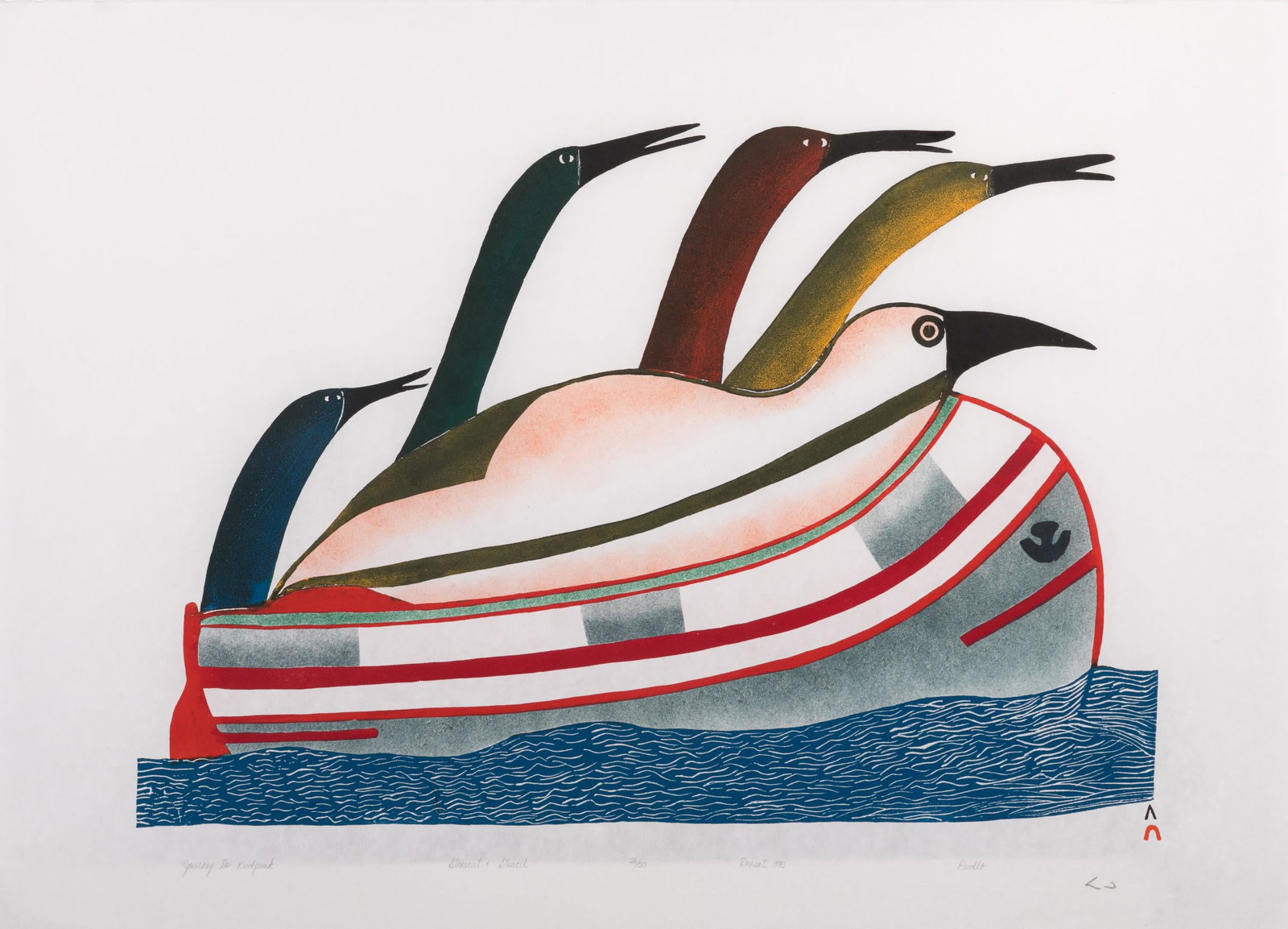 PUDLO PUDLAT, INUIT, Journey to Kudjuak, 1990 #22: PUDLO PUDLAT (1916-1992) KINNGAIT (CAPE DORSET) Journey to Kudjuak, 1990 #22 Printmaker: PEE MIKKIGA (1940-1996) KINNGAIT (CAPE DORSET) stonecut and stencil, 24 x 34.25 in (61 x 87 cm) 26/50 Provenanc