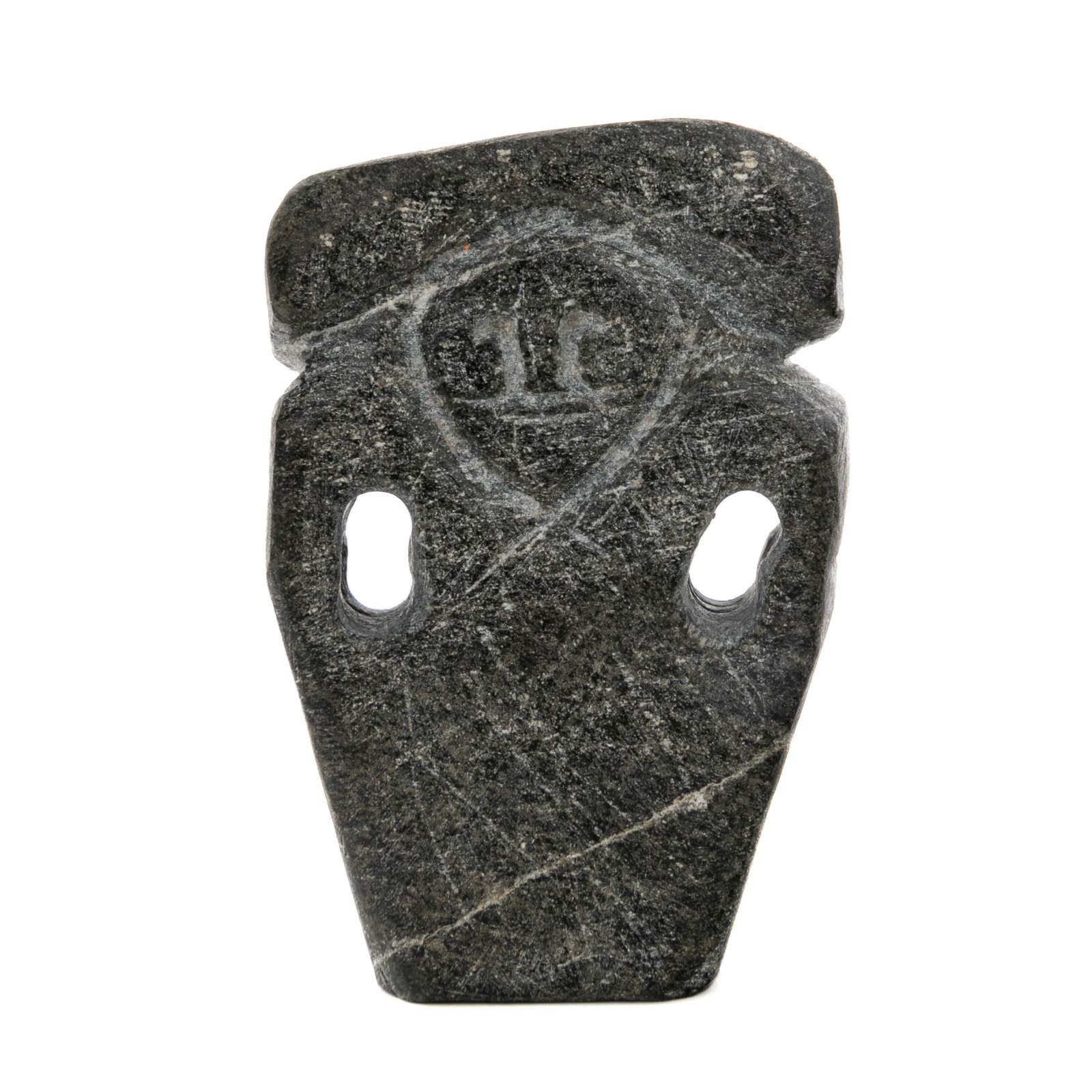 JOHN KAVIK, INUIT, Standing Figure, c. mid 1970s: JOHN KAVIK (1897-1993) KANGIQLINIQ (RANKIN INLET) Standing Figure, c. mid 1970s stone, 3.25 x 2.5 x 1 in (8.3 x 6.3 x 2.5 cm) signed, “ᑲᕕ”. Provenance Private Collection, USA.