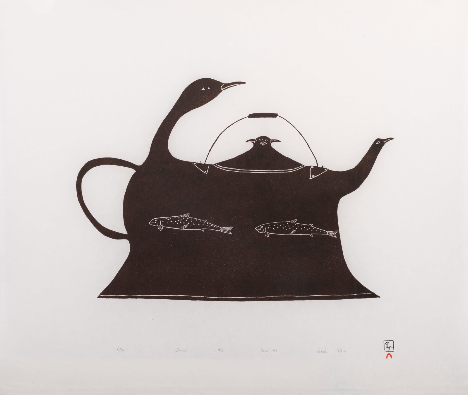 KAKULU SAGGIAKTOK, INUIT, Kettle, 1994 #5: KAKULU SAGGIAKTOK (1940-2020) KINNGAIT (CAPE DORSET) Kettle, 1994 #5 Printmaker: ARNAQU ASHEVAK (1956-2009) KINNGAIT (CAPE DORSET) stonecut, 24.5 x 28.5 in (62.2 x 72.4 cm) 13/50 Provenance Private Co