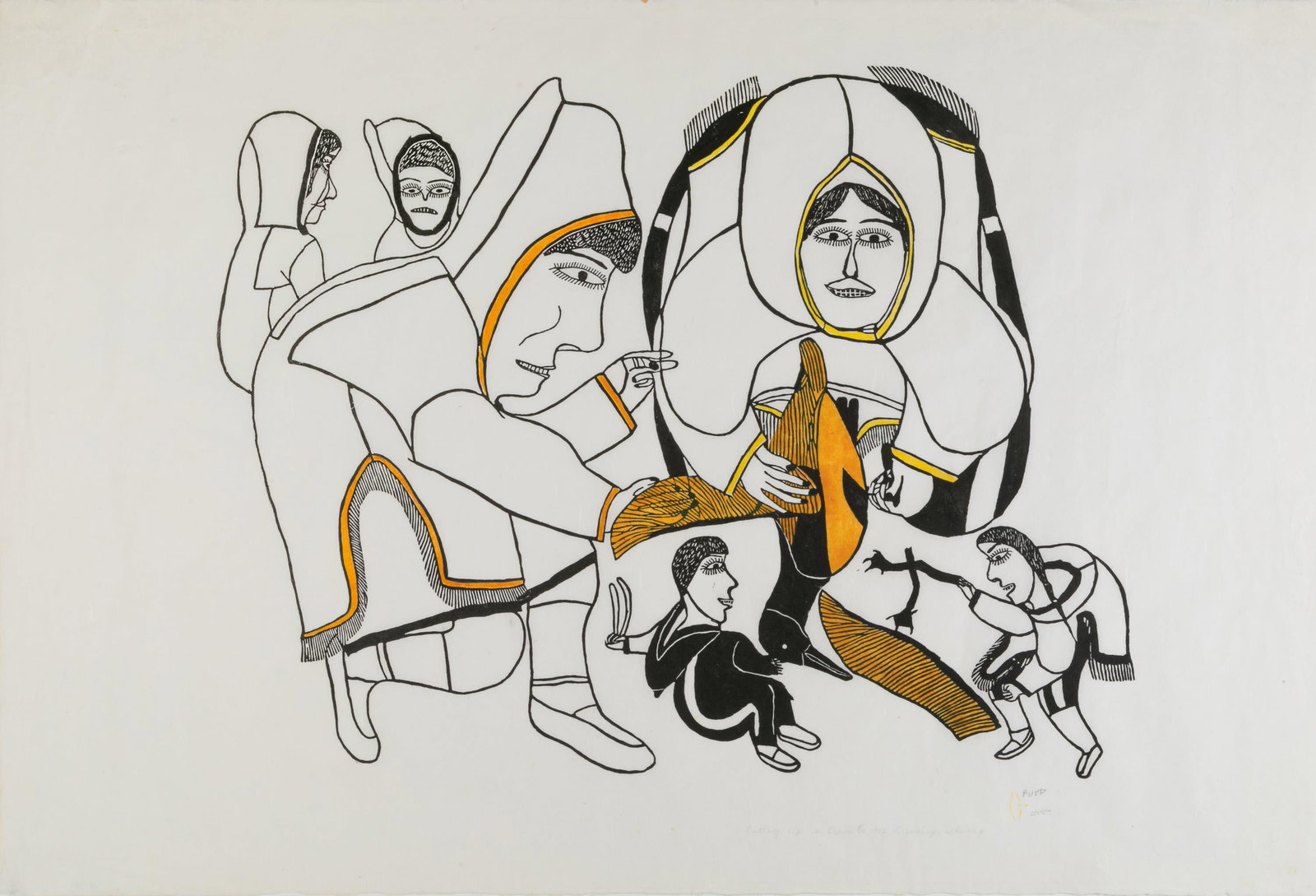 JANET KIGUSIUQ, INUIT, Cutting up a Duck, 1972 (1973 #10): JANET KIGUSIUQ (1926-2005) QAMANI'TUAQ (BAKER LAKE) Cutting up a Duck, 1972 (1973 #10) Printmaker: THOMAS IKSIRAQ (1941-1991) QAMANI'TUAQ (BAKER LAKE) stonecut and stencil, 25 x 37 in (63.5 x 94 cm) 1