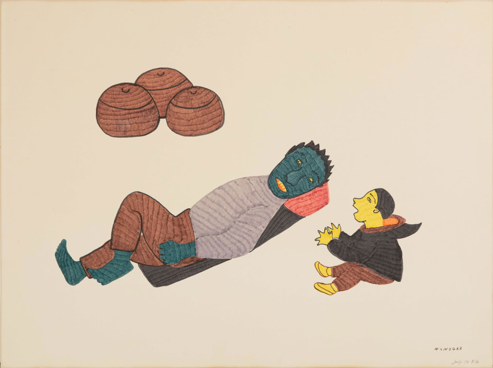 ANGES NANOGAK GOOSE, INUIT, Untitled (Possibly Atangana and the Giant), 1970: ANGES NANOGAK GOOSE (1925-2001), ULUKHAKTOK (HOLMAN ISLAND) Untitled (Possibly Atangana and the Giant), 1970 felt tip on paper, 18 x 24 in (45.7 x 61 cm) signed "NANOGAK"; dated in graphite in an unkn