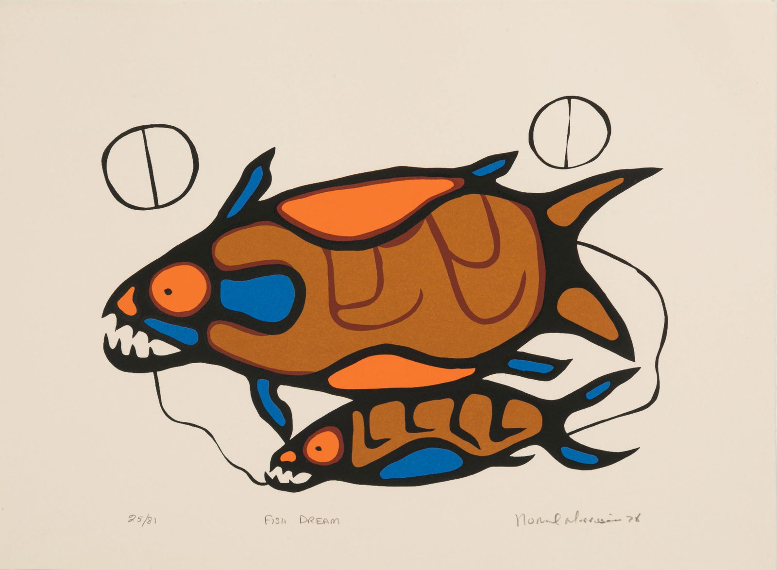 NORVAL MORRISSEAU, FIRST NATIONS, Fish Dream, 1978: NORVAL MORRISSEAU, C.M. (1931-2007) ANISHINAABE (OJIBWE) Fish Dream, 1978 Printmaker: TRIPLE K COOPERATIVE, RED LAKE, ONTARIO silkscreen on paper, 11 x 15 in (27.9 x 38.1 cm) 25/81 Provenance Privat