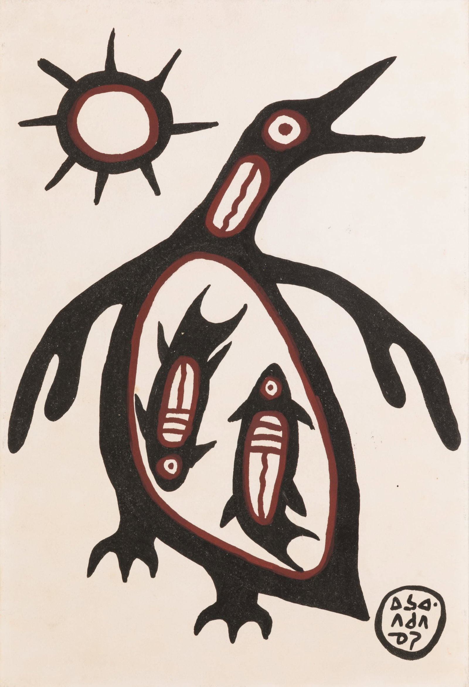 NORVAL MORRISSEAU, FIRST NATIONS, Loon of Ontario, early-mid 1960s: NORVAL MORRISSEAU, C.M. (1931-2007) ANISHINAABE (OJIBWE) Loon of Ontario, early-mid 1960s ink and tempera on heavy wove paper, 19 x 26 in (48 x 66 cm) signed, "ᐅᓴᐘ/ᐱᑯ3