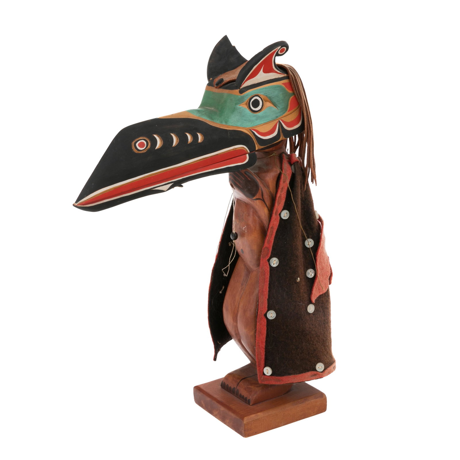 PETER JOSEPH, FIRST NATIONS, NORTHWEST COAST, Man Raven Dancing, c. 1980: PETER JOSEPH, KWAKWA̱KA̱ʼWAKW, QUATSINO, B.C. Man Raven Dancing, c. 1980 cedar, acrylic paint, fabric, leather, plastic buttons, and cotton thread, 14 x 8.5 x 4.5 in (35.6 x 21.6 x 11.4
