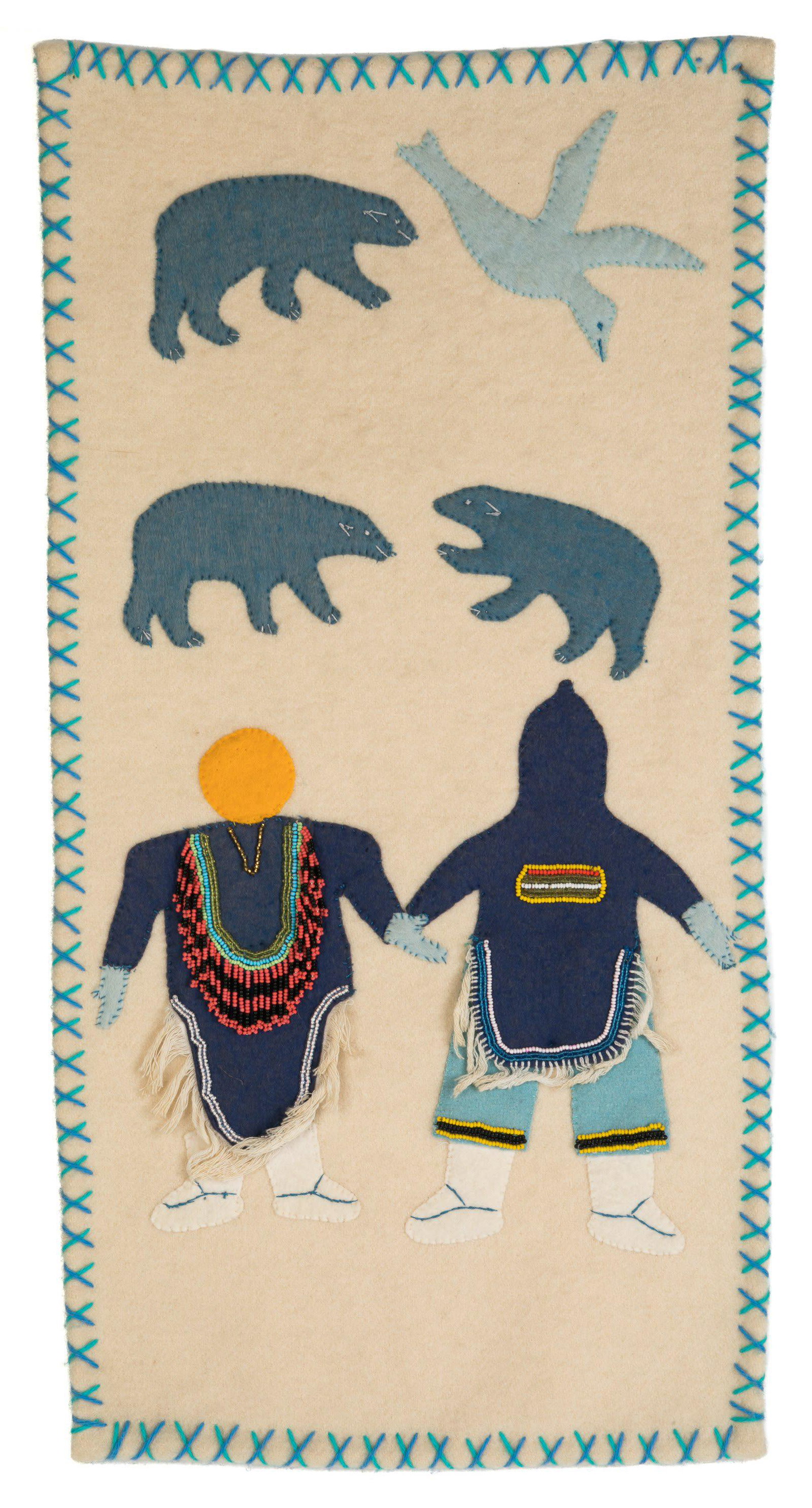 Poss: ANNIE ALlKASHUAK SEWOEE, INUIT, Friends Observing Wildlife, May 1989: Possibly ANNIE ALlKASHUAK SEWOEE (1936-) ARVIAT (ESKIMO POINT) Friends Observing Wildlife, May 1989 stroud, felt, glass beads, cotton thread, 27 x 13 in (68.6 x 33 cm) unsigned; given to "Annie S." an