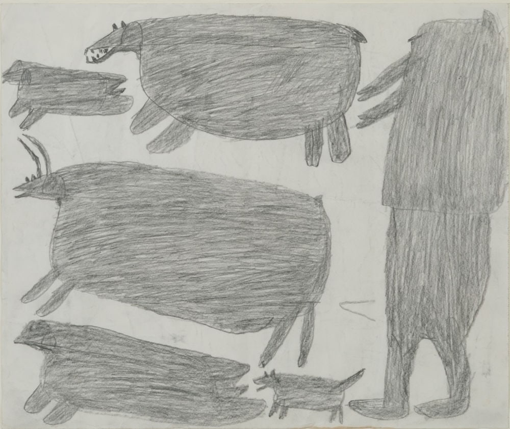 PARR, INUIT, Hunter and Dog in Pursuit of Polar Bear, Caribou, and Seals, c. 1965-7: PARR (1893-1969) KINNGAIT (CAPE DORSET) Hunter and Dog in Pursuit of Polar Bear, Caribou, and Seals, c. 1965-7 graphite on paper, 13.75 x 16.25 in (34.9 x 41.3 cm), framed signed, "ᐸ". Provenanc