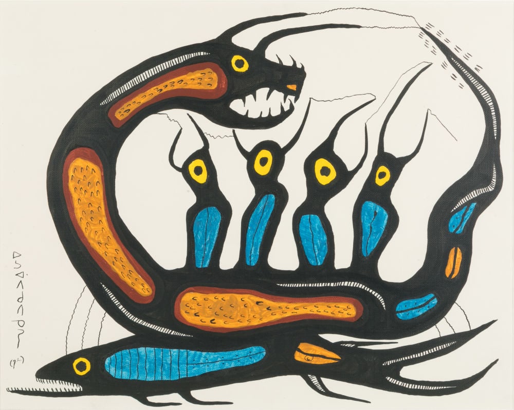 NORVAL MORRISSEAU, FIRST NATIONS, Serpent Legend (Medicine Serpent, Four Figures, and Fish), 1972: NORVAL MORRISSEAU, C.M. (1931-2007) ANISHINAABE (OJIBWE) Serpent Legend (Medicine Serpent, Four Figures, and Fish), 1972 acrylic on vinyl, 16 x 20 in (40.6 x 50.8 cm) signed and dated, "ᐅᓴ