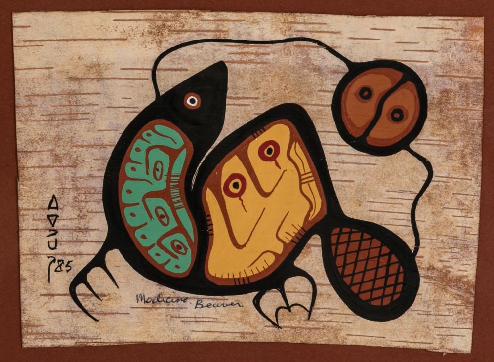 RICHARD BEDWASH, FIRST NATIONS, Medicine Beaver, 1985: RICHARD BEDWASH (1936-2007) ANISHINAABE (OJIBWE) Medicine Beaver, 1985 acrylic on birchbark, 6.25 x 9.5 in (15.9 x 24.1 cm), framed signed and dated, "ᐃᐁᓗᑌᓯ / /85"; title