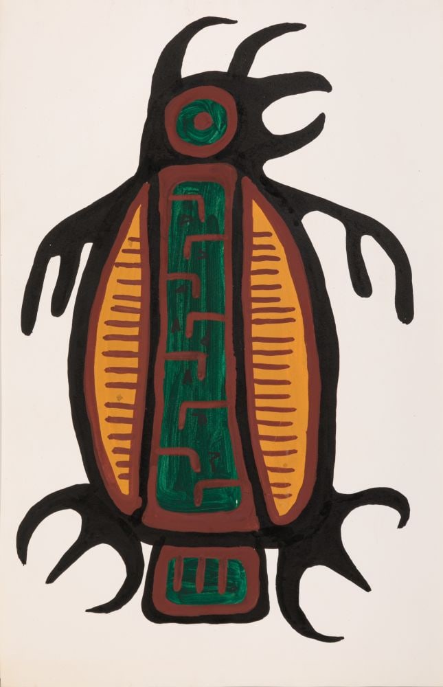 NORVAL MORRISSEAU, FIRST NATIONS, Bird, c. 1964-9: NORVAL MORRISSEAU, C.M. (1931-2007) ANISHINAABE (OJIBWE) Bird, c. 1964-9 acrylic on Russel Flint Handmade watermarked wove paper, 22 x 14 in (55.9 x 35.6 cm) signed, "ᐅ/ᓴ/ᐘ/ᐱ/&