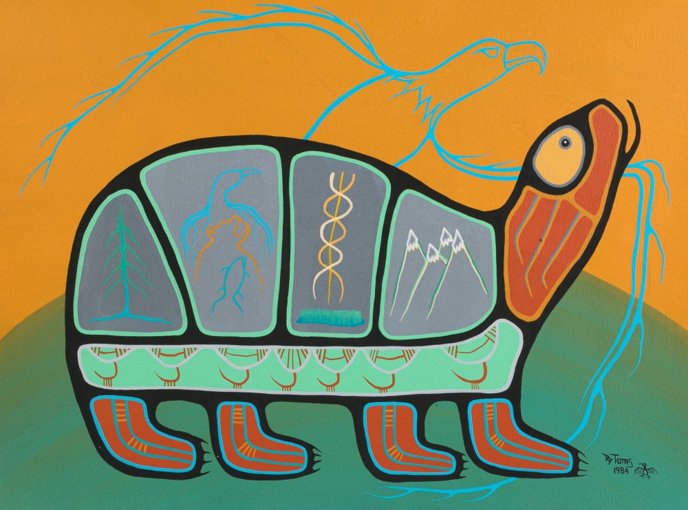 ROY THOMAS, FIRST NATIONS, Turtle Slowly Teaching us the Law of Honesty, Kindness and Sharing and St: ROY THOMAS (1949-2004) ANISHINAABE (OJIBWE) Turtle Slowly Teaching us the Law of Honesty, Kindness and Sharing and Strength, 1984 acrylic on heavy rag paper, 18 x 24 in (45.7 x 61 cm) signed and, date