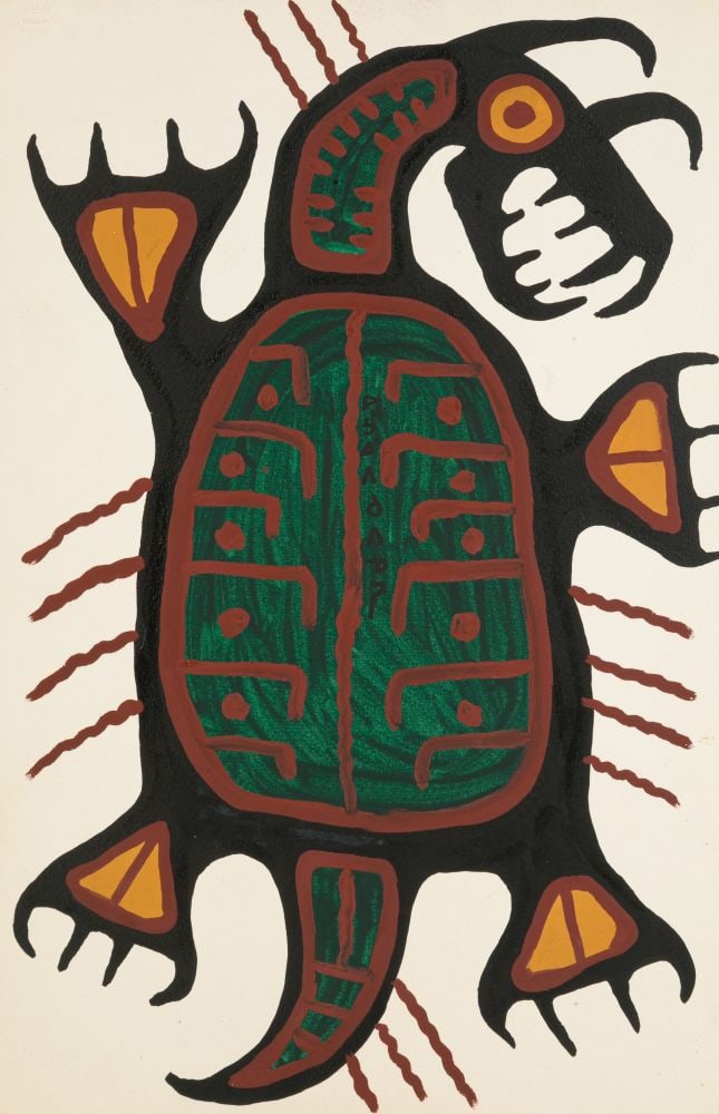 NORVAL MORRISSEAU, FIRST NATIONS, Turtle, c. 1964-9: NORVAL MORRISSEAU, C.M. (1931-2007) ANISHINAABE (OJIBWE) Turtle, c. 1964-9 acrylic on Arches France watermarked and blind stamped watercolour paper, 22.25 x 14.75 in (56.5 x 37.5 cm) signed, "ᐅ/