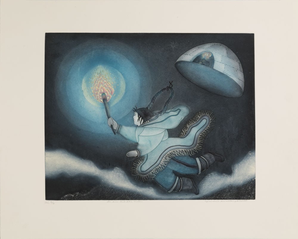 GERMAINE ARNAKTAUYOK, INUIT, The Sun and Moon, 2003: GERMAINE ARNAKTAUYOK (1946-) Iglulik (Igloolik) The Sun and Moon, 2003 Printmaker: STUDIO PM, MONTREAL etching and aquatint, 23.75 x 29.5 in (60.3 x 74.9 cm) H.C. 5/6, aside from the numbered edition 