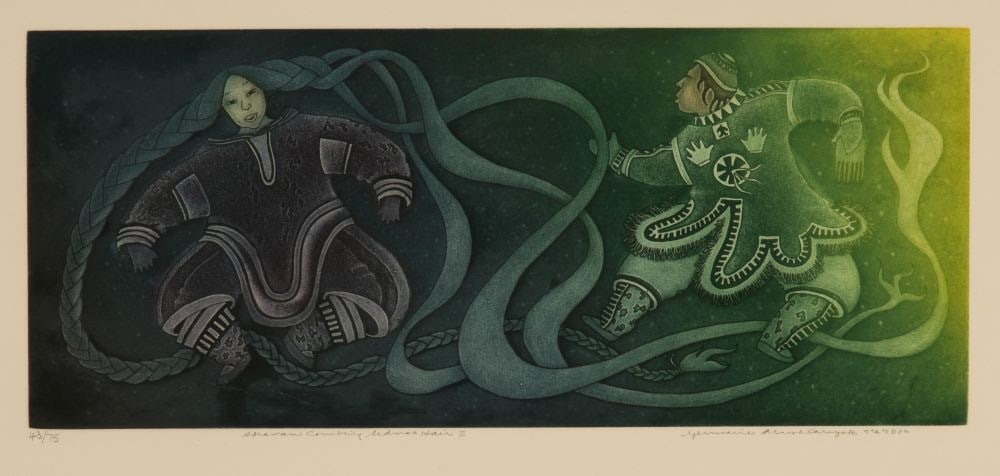 GERMAINE ARNAKTAUYOK, INUIT, Shaman Combing Sedna's Hair II, 2003: GERMAINE ARNAKTAUYOK (1946-) Iglulik (Igloolik) Shaman Combing Sedna's Hair II, 2003 Printmaker: STUDIO PM, MONTREALl etching and aquatint, sheet: 18.25 x 31.25 in (46.4 x 79.4 cm) / plate: 8.75 x 21 