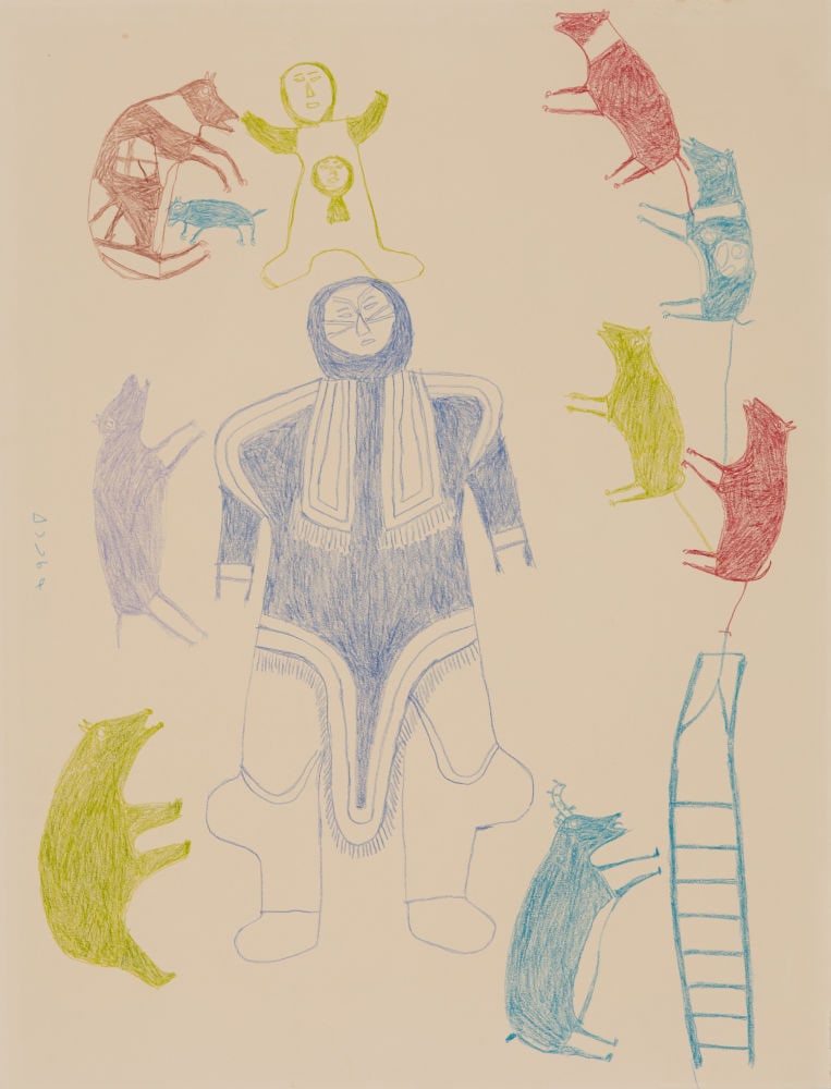 MARTHA ITTULUKA'NAAQ, INUIT, Untitled (Inuuk with Dog Team and Caribou), c. 1972: MARTHA ITTULUKA'NAAQ (1912-1981) QAMANI’TUAQ (BAKER LAKE) Untitled (Inuuk with Dog Team and Caribou), c. 1972 coloured pencil on heavy wove paper, 26 x 20 in (66 x 50.8 cm) signed, "ᐃȈ