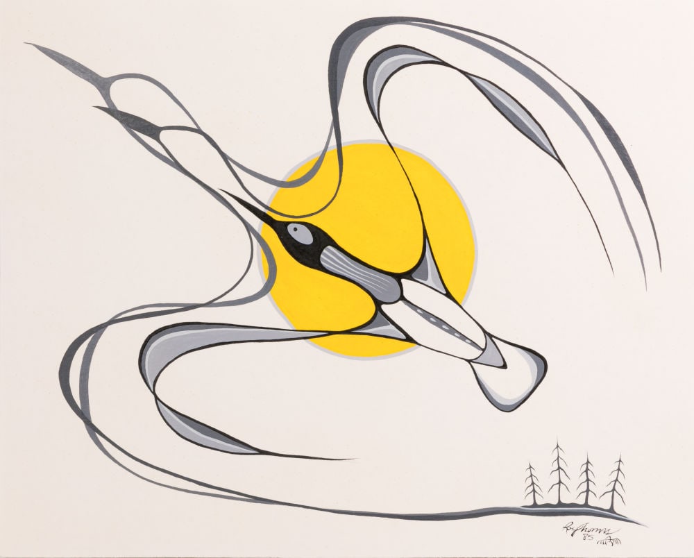 ROY THOMAS, FIRST NATIONS, Mind Body and Spirit and Four Directions, 1985: ROY THOMAS (1949-2004) ANISHINAABE (OJIBWE) Mind Body and Spirit and Four Directions, 1985 acrylic on heavy rag paper, 15.75 x 20.75 in (40 x 52.7 cm) signed and, dated "Roy Thomas / 85"; inscribed wi