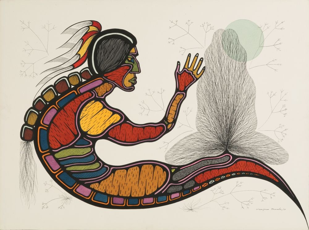WAYNE YERXA, FIRST NATIONS, The Dream and the Dreamer, November 1979: WAYNE YERXA (1945-) ANISHINAABE (SAULTEAUX), COUCHICHING FIRST NATION, ONTARIO The Dream and the Dreamer, November 1979 acrylic on Arches blind stamped watercolour paper, 29.75 x 22 in (75.6 x 55.9 cm