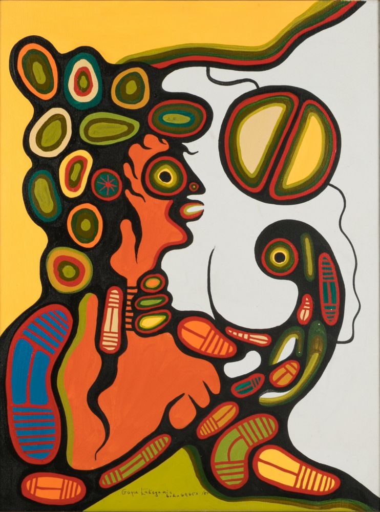 GOYCE KAKEGAMIC, FIRST NATIONS, Man Receiving a Blessing from a Spirit, 1980: GOYCE KAKEGAMIC (1948-2021) ANISHINAABE (CREE) Man Receiving a Blessing from a Spirit, 1980 acrylic on canvas, 24 x 18 in (61 x 45.7 cm), framed, signed, signed again, and dated, "Goyce Kakegamic / &#