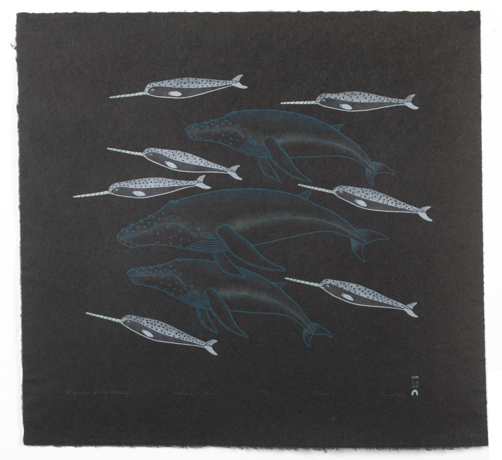 QAVAVAU MANUMIE, INUIT, Migration of the Whales, 2002 #9: QAVAVAU MANUMIE (1958-) KINNGAIT (CAPE DORSET) Migration of the Whales, 2002 #9 Printmaker: QAVAVAU MANUMIE (1958 -) KINNGAIT (CAPE DORSET) stonecut and stencil, 25 x 27 in (63.5 x 68.6 cm) 18/50 Prov