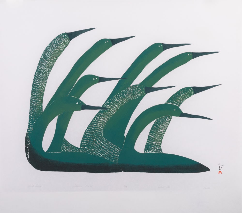 PUDLO PUDLAT, INUIT, Alerted Loons, 1986: PUDLO PUDLAT (1916-1992) KINNGAIT (CAPE DORSET) Alerted Loons, 1986 (Six Editions, Dorset Fine Arts, Toronto, June 1997 #E2) Printmaker: IYOLA KINGWATSIAK (1933-2000) KINNGAIT (CAPE DORSET) stonecut a