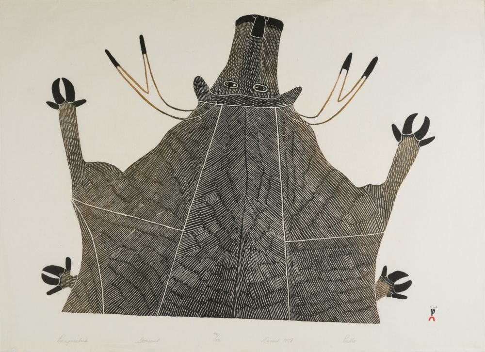 PUDLO PUDLAT, INUIT, Pungnialuk, 1978 #66: PUDLO PUDLAT (1916-1992) KINNGAIT (CAPE DORSET) Pungnialuk, 1978 #66 Printmaker: TIMOTHY OTTOCHIE (1904-1982) KINNGAIT (CAPE DORSET) stonecut, 24.75 x 33.5 in (62.9 x 85.1 cm) 45/50 Provenance Private