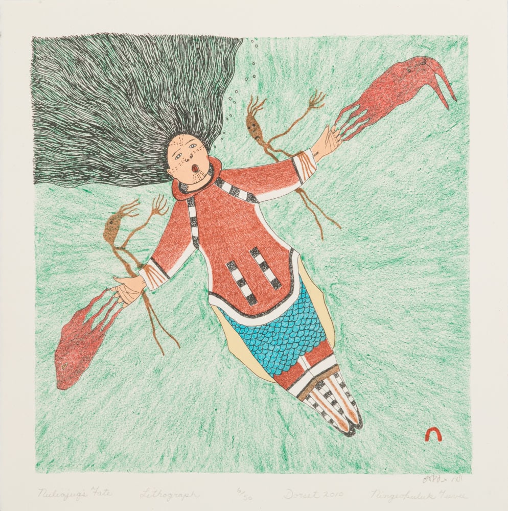 NINGIUKULU TEEVEE, INUIT, Nuliajuq's Fate, 2010 #20: NINGIUKULU TEEVEE (1963-) KINNGAIT (CAPE DORSET) Nuliajuq's Fate, 2010 #20 Printmaker: PITSEOLAK NIVIAQSI, R.C.A. (1947-2015) KINNGAIT (CAPE DORSET) lithograph, 13 x 13 in (33 x 33 cm) 6/50 Provenance