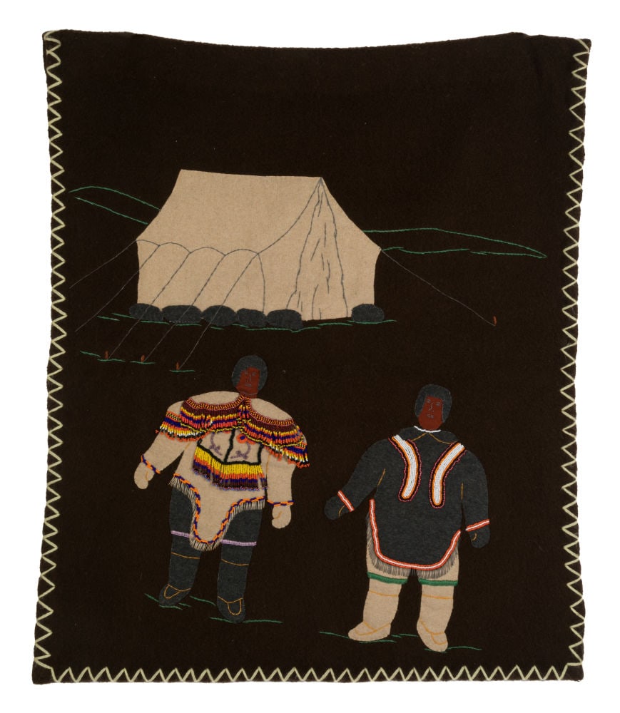 UNIDENTIFIED INUIT ARTIST, Untitled Work on Cloth (Man and Woman Outside a Spring Tent), 1980s: UNIDENTIFIED ARTIST, ARVIAT (ESKIMO POINT) Untitled (Man and Woman Outside a Spring Tent), 1980s duffle, felt, embroidery floss, beads, cotton thread, yarn, 35 x 29.5 in (88.9 x 74.9 cm) unsigned. Pro