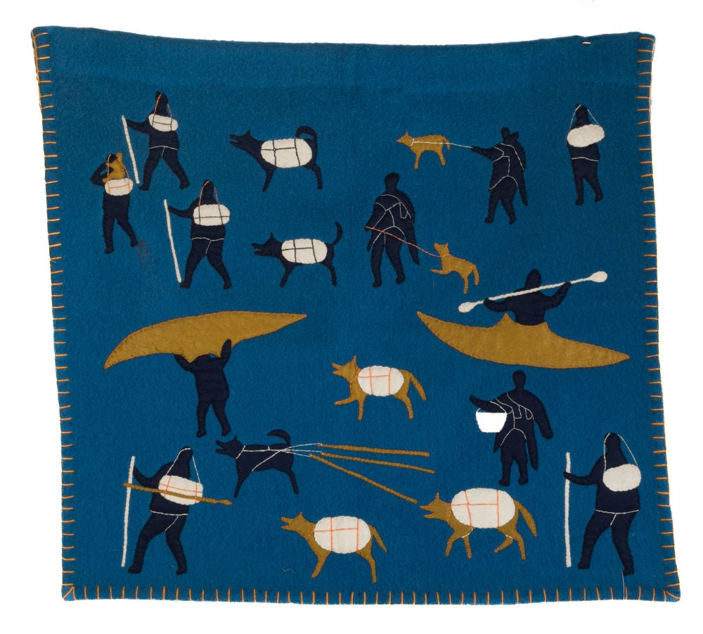 VERA AVAALA, INUIT, Untitled Work on Cloth (Summer Camp Migration), 1980s: VERA AVAALA (1949-2011) QAMANI'TUAQ (BAKER LAKE) Untitled (Summer Camp Migration), 1980s duffle, felt, embroidery floss, and cotton thread, 27.5 x 29.75 in (69.8 x 75.6 cm) unsigned; given to the the 