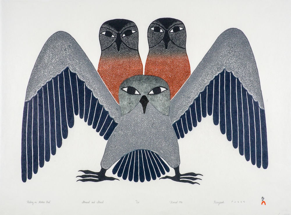 KENOJUAK ASHEVAK, INUIT, Riding on Mother Owl, 1996 #13: KENOJUAK ASHEVAK, C.C., R.C.A. (1927-2013) KINNGAIT (CAPE DORSET) Riding on Mother Owl, 1996 #13 Printmaker: QIATSUQ NIVIAQSI (1941-) KINNGAIT (CAPE DORSET), stonecut and stencil on natural, unbleache