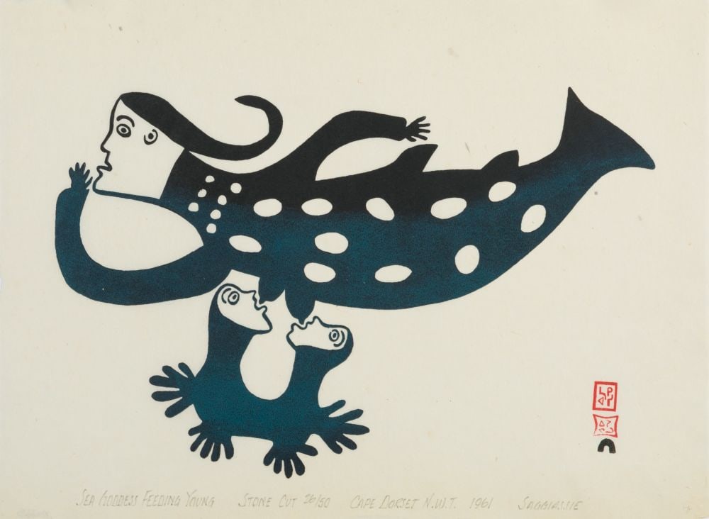 SAKIASSIE RAGEE, INUIT, Sea Goddess Feeding Young, 1961 #37: SAKIASSIE RAGEE (1924-2003) KINNGAIT (CAPE DORSET) Sea Goddess Feeding Young, 1961 #37 Printmaker: EEGYVUDLUK POOTOOGOOK (1931-1999) KINNGAIT (CAPE DORSET) stonecut, 12 x 16 in (30.5 x 40.6 cm) 26/50 