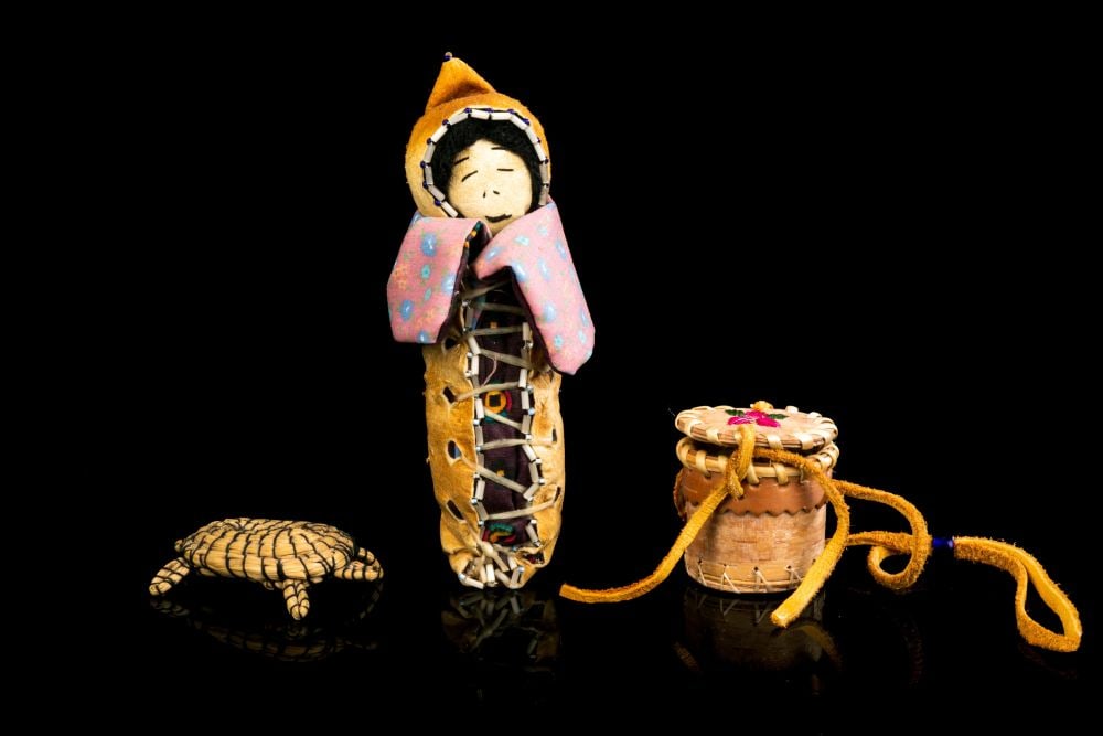YVONNE NANDE and 2 UNIDENTIFIED FIRST NATIONS ARTISTS, Three Model Objects,: YVONNE NANDE, DENE, ACHO DENE KOE FIRST NATION, FORT LAIRD, NORTHWEST TERRITORIES and TWO UNIDENTIFIED FIRST NATIONS ARTISTS, PROBABLY ANISHINAABE Three Model Objects the basket: birch bark, leather, 