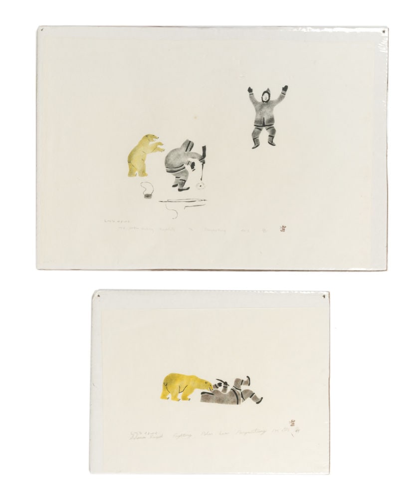 MALAYA AKULUKJUK, INUIT, Waiting Hopefully and Fighting a Polar Bear, 1974 (1975 #21 & #23): MALAYA AKULUKJUK (1915-1995) PANNIRTUQ (PANGNIRTUNG) Waiting Hopefully and Fighting a Polar Bear, 1974 (1975 #21 & #23) the first: Printmaker: LIPA PITSIULAK (1943-2010) PANNIQTUUQ (PANGNIRTUNG) stenc