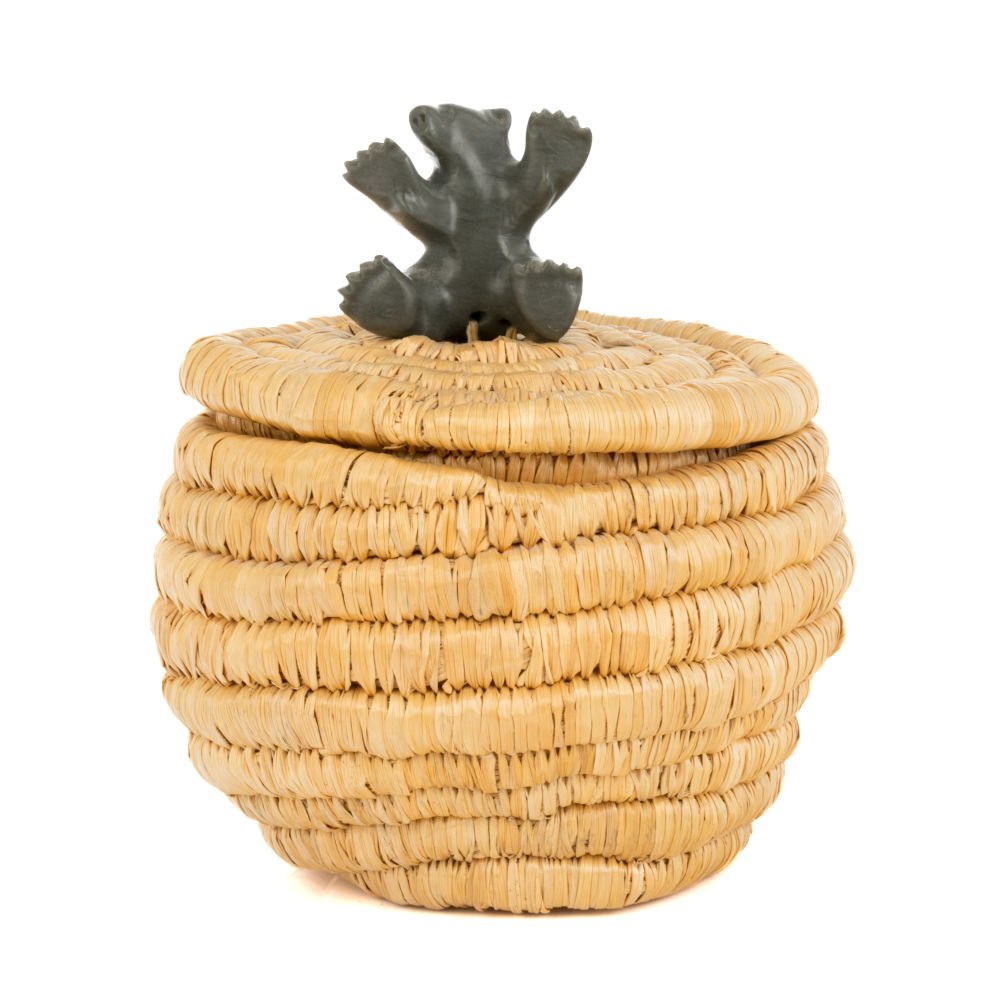LUCY KUMARLUK, INUIT, Basket with Polar Bear Cub Knop, 2009: LUCY KUMARLUK, UMIUJAQ Basket with Polar Bear Cub Knop, 2009 wove and coiled grass, stone, and sinew, 5.5 x 5 x 5 in (14 x 12.7 x 12.7 cm) unsigned; given to the artist to the accompanying igloo tag. 