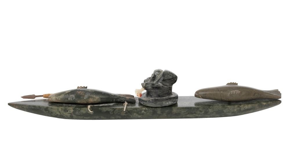 UNIDENTIFIED INUIT ARTIST, Inuk Hunting Seal by Kayak, late 1970s / early 1980s: UNIDENTIFIED ARTIST, KUGLUKTUK (COPPERMINE) Inuk Hunting Seal by Kayak, late 1970s / early 1980s stone, antler, wood, and copper, 1.75 x 8 x 2.5 in (4.4 x 20.3 x 6.3 cm), measurements reflect width wi