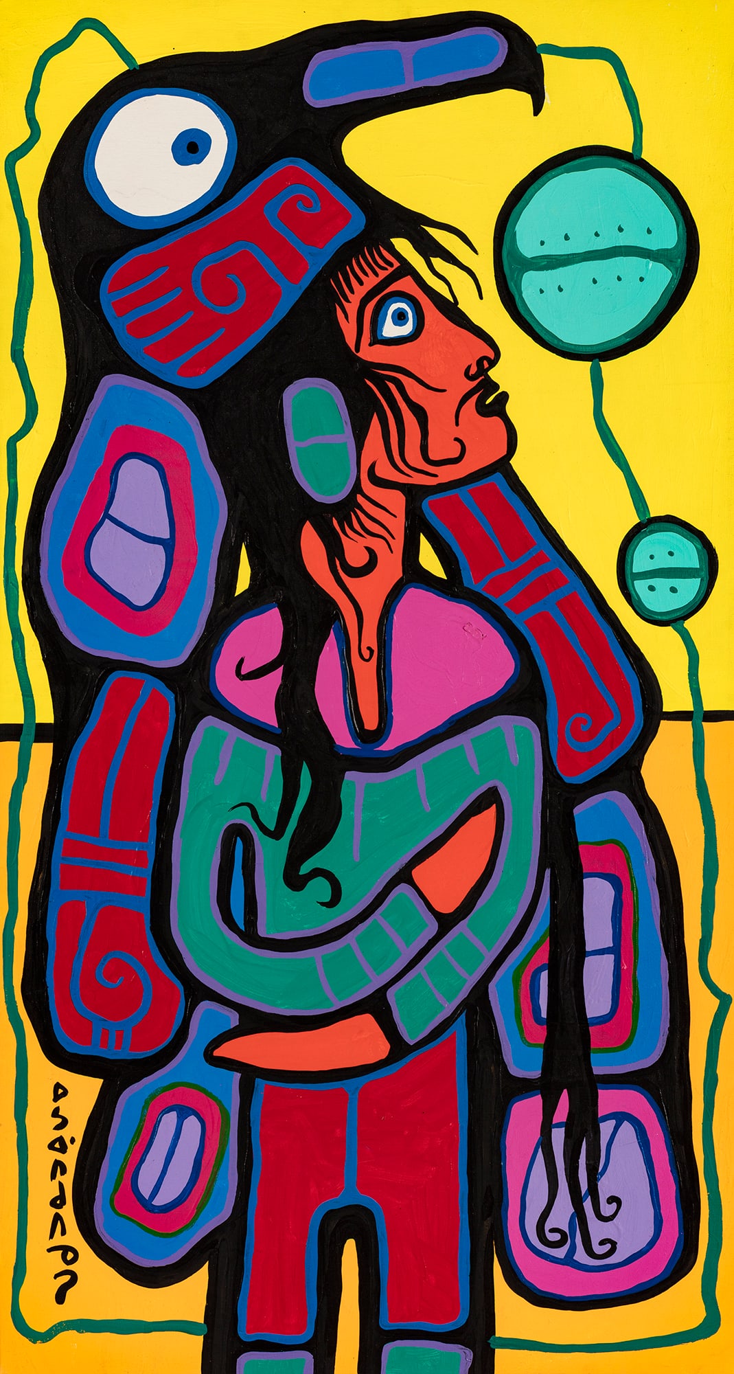 NORVAL MORRISSEAU, ANISHINAABE, Young Ojibwa Indian Man Wearing Eagle Headdress, c. 1992 (1 of 3)