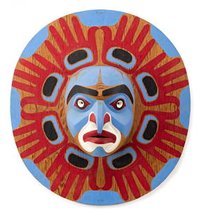 BEAU DICK, KWAKWA̱KA̱ʼWAKW, Bella Coola Sun Mask, 1986: BEAU DICK (1955-2017) KWAKWA̱KA̱ʼWAKW Bella Coola Sun Mask, 1986 yellow cedar, acrylic paint, and hide fasteners, 22.25 x 24.24 x 7.5 in (56.5 x 61.6 x 19.1 cm) titled, signed, and, dat