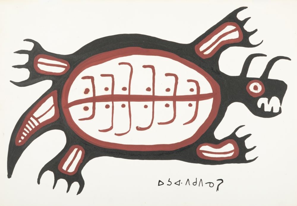 NORVAL MORRISSEAU, ANISHINAABE (OJIBWE), Turtle, early-mid 1960s: NORVAL MORRISSEAU, C.M. (1931-2007) ANISHINAABE (OJIBWE) Turtle, early-mid 1960s ink and tempera on Russell Flint Handmade watermarked wove paper, 15 x 21.25 in (38.1 x 54 cm) signed, "ᐅᓴ&