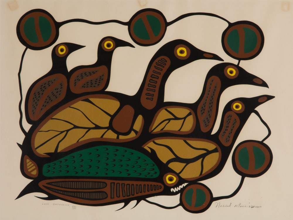NORVAL MORRISSEAU, ANISHINAABE (OJIBWE), Loon Gathering: NORVAL MORRISSEAU, C.M. (1931-2007) ANISHINAABE (OJIBWE) Loon Gathering silkscreen, 19.25 x 25 in (48.9 x 63.5 cm), framed 34/98 Provenance Private Collection, Windsor, ON.