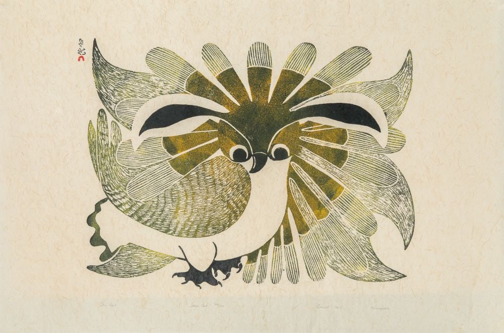 KENOJUAK ASHEVAK, INUIT, The Owl, 1969 #55: KENOJUAK ASHEVAK, C.C., R.C.A. (1927-2013) KINNGAIT (CAPE DORSET) The Owl, 1969 #55 Printmaker: EEGYVUDLUK POOTOOGOOK (1931-1999) KINNGAIT (CAPE DORSET) stonecut on paper, lined, 24 x 36 in (61 x 91.4