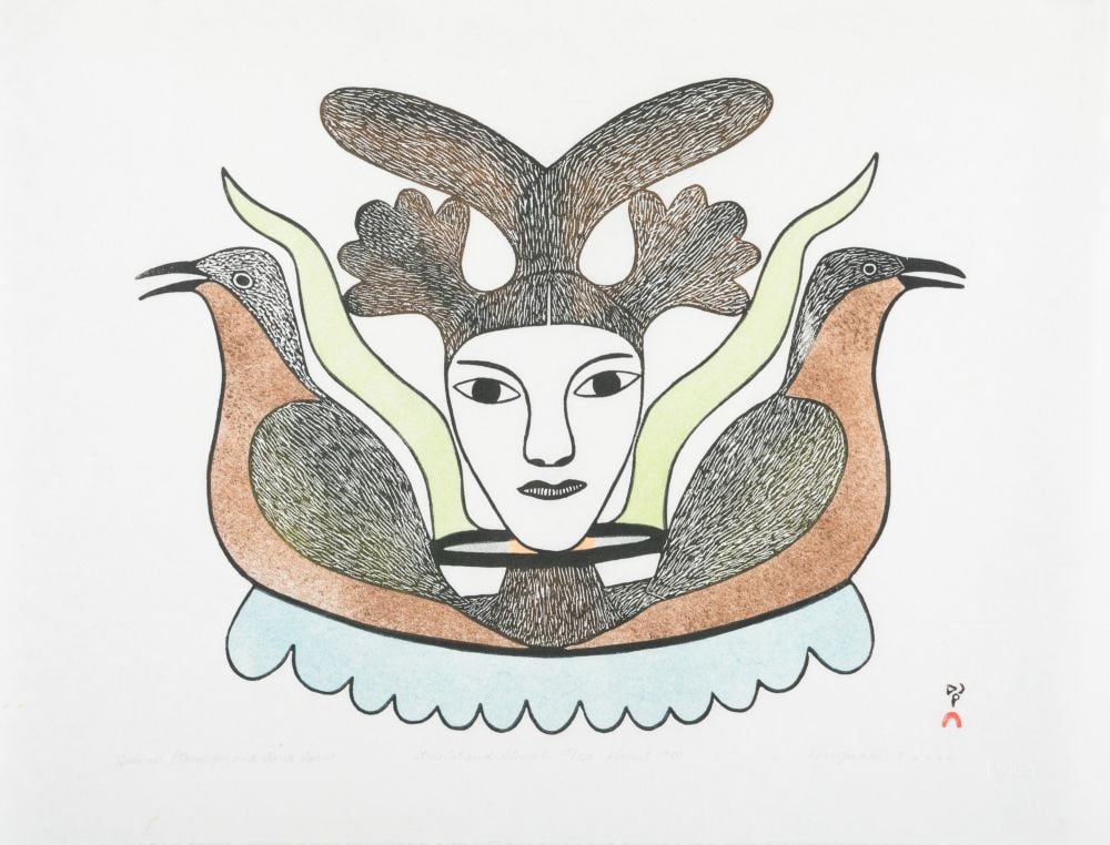 KENOJUAK ASHEVAK, INUIT, Summer Ptarmigan and Land Spirit, 1980 #12: KENOJUAK ASHEVAK, C.C., R.C.A. (1927-2013) KINNGAIT (CAPE DORSET) Summer Ptarmigan and Land Spirit, 1980 #12 Printmaker: TIMOTHY OTTOCHIE (1904-1982) KINNGAIT (CAPE DORSET) stonecut and stencil, 18 x 