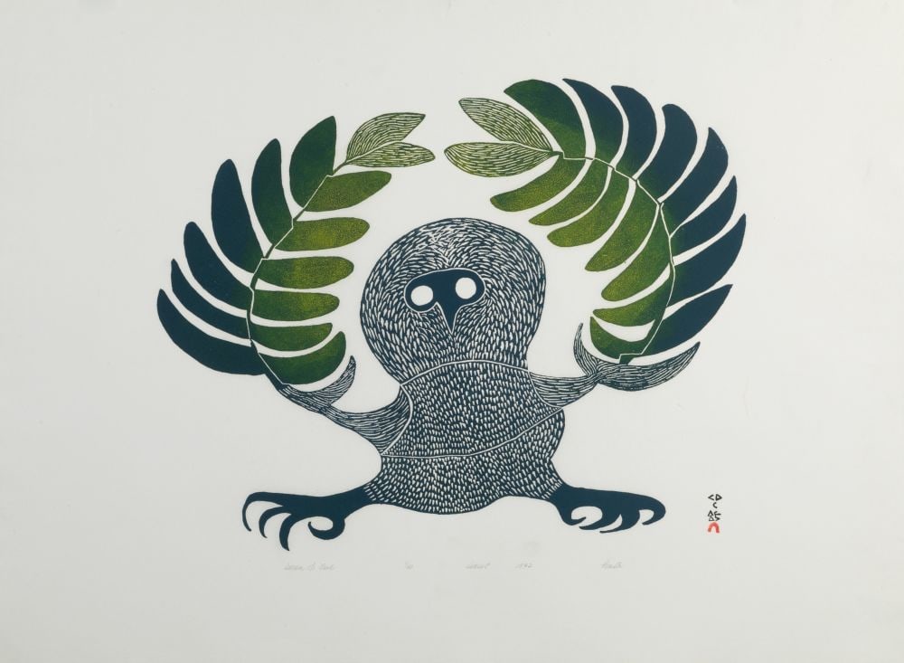 PAUTA SAILA, INUIT, Dream of Owl, 1972 #33: PAUTA SAILA, R.C.A. (1916-2009) KINNGAIT (CAPE DORSET) Dream of Owl, 1972 #33 Printmaker: ELIYAH POOTOOGOOK (1943-) KINNGAIT (CAPE DORSET) stonecut, 24 x 33 in (61 x 83.8 cm) 36/50 Provenance Private 